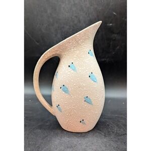 Vintage Mid Century Pink Lava Glaze Pitcher W/ Handle MCM 8.5"‎ Blue Fish